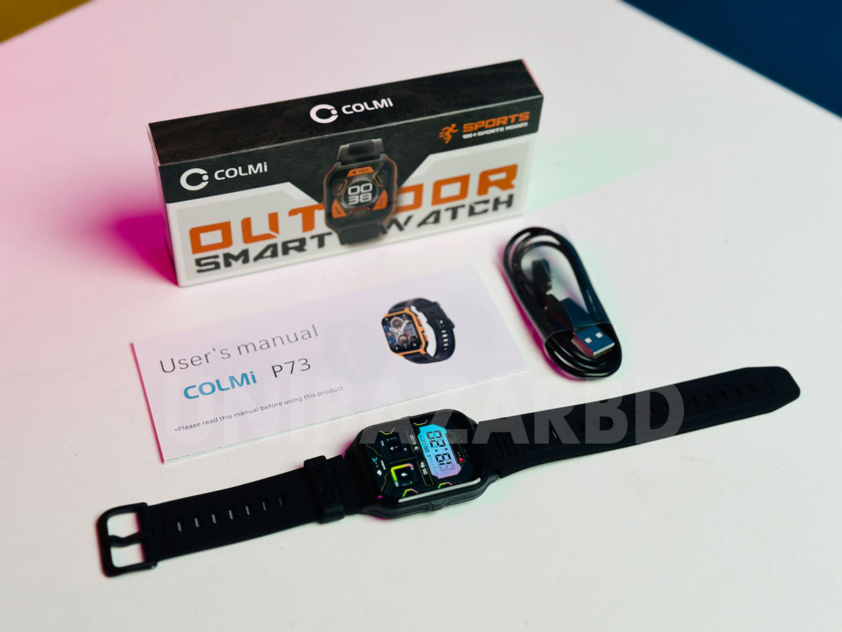 COLMI P73 BT Calling Smart watch in Bangladesh Get The COLMI P73 BT Calling Smart watch in Bangladesh at DROPSHOP.COM.BD. Enjoy top quality and unbeatable prices with the best customer service in Bangladesh Features 1.9-inch IPS HD screen with 240×284 resolution and full-screen touch 300mAh lithium polymer battery for 5-7 days of use IP68 waterproof rating handles sweat, rain, and shallow submersion Bluetooth 5.1 for stable phone connection 100+ sports modes including running, cycling, basketball, badminton Real-time heart rate monitoring with HX3602 sensor Blood oxygen saturation measurement via optical sensor Sleep tracking and breathing training guidance Incoming call notifications and music playback control Sedentary reminders and female health tracking Stopwatch, timer, alarm, weather, flashlight, calculator Multiple UI themes and component editing Voice assistant, camera remote, find my phone Do-not-disturb mode and message bright screen App sync for detailed data analysis and personalized reports Specifications Brand: COLMI Model: P73 Colors: Black, Black Orange, Orange Black Main chip: JL7013 Memory: RAM 640KB, ROM 64Mb Heart rate sensor: HX3602 Display: 1.9-inch IPS, 240×284 pixels Touch: Full screen Battery: 300mAh lithium polymer Charging: 2-pin magnetic cable, ~2 hours Standby: Up to 30 days in power-saving mode Waterproof: IP68 Strap: 20mm silicone, removable Case material: ABS+PC Buttons: Aluminum alloy Compatibility: Android 4.4+, iOS 8.0+, HarmonyOS Watch languages: 20+ including English, Chinese, German, Spanish, French App: Pubu Wear with 30+ languages How It Works Pair the watch to your phone using Bluetooth 5.1 and the Pubu Wear app Select sports modes directly on the watch or push new ones from the app Sensors capture heart rate, SpO2, and motion data in real time Data syncs to the app for graphs, reports, and goal tracking Control music, answer call alerts, or trigger camera shutter from your wrist Customize dials, enable sedentary alerts, or switch to Zen mode as needed Charge via magnetic cable when the battery indicator drops