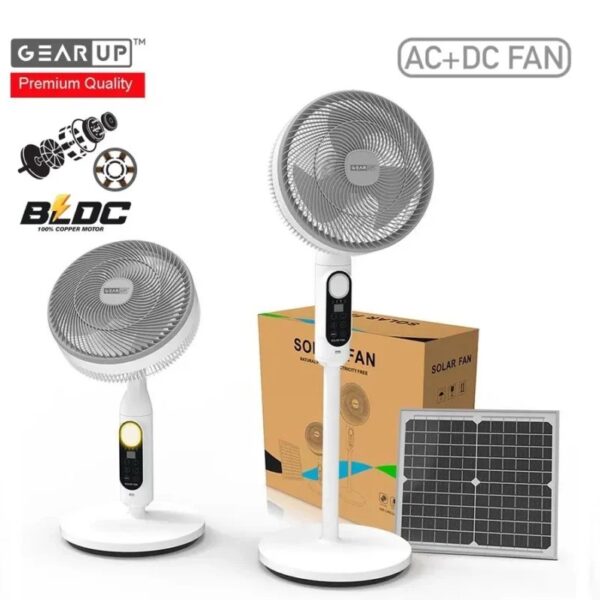 GearUP Premium Rechargeable BLDC Solar Stand Fan (AC+DC) – 25W Solar Panel Included