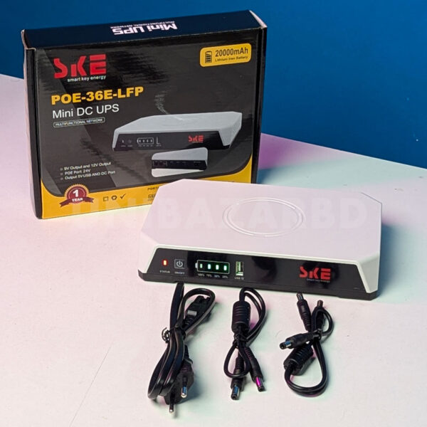 SKE POE-36E-LFP 20,000mAh Mini DC UPS – 36W High Power Backup with LiFePO4 Battery (5V/9V/12V 3A)